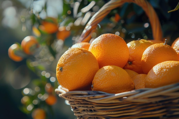 Naranjas frescas cosechadas en canasta