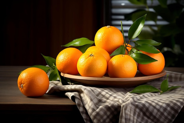 Naranjas frescas con hojas sobre una mesa de madera