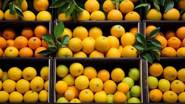 Naranjas y limones apilados en el estante