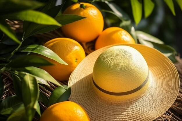 Naranjas y limones maduros y jugosos en un sombrero de verano composición de verano de la cosecha de cítricos