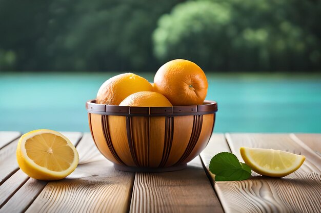 Naranjas y limones sobre una mesa de madera.