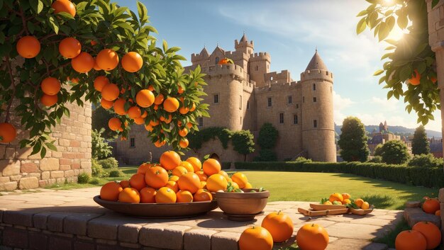 Naranjas maduras de cítricos medievales junto al castillo