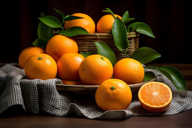 Naranjas maduras con hojas verdes sobre mesa de madera