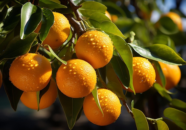 Naranjas maduras y jugosas mandarinas y mandarinas colgando en el árbol con el cielo azul comida saludable gener AI