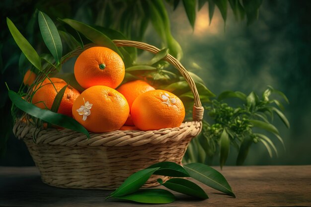 Naranjas mandarinas frescas con rodajas sobre un fondo de fruta naranja verde borrosa en una cesta de bambú sobre una mesa de madera en un jardín