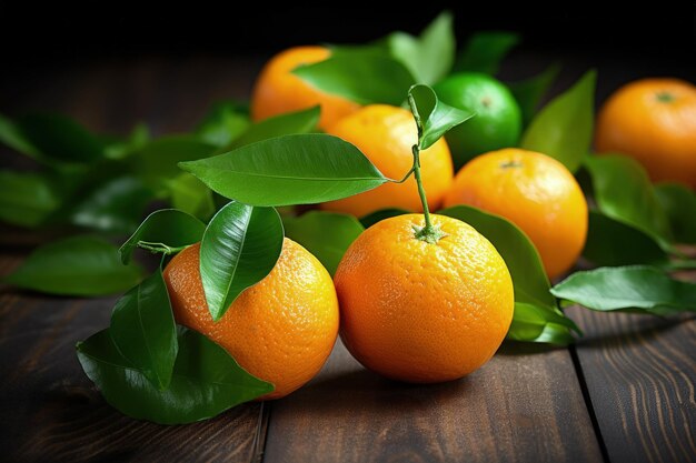 Naranjas mandarinas o mandarinas sobre una mesa de madera con hojas