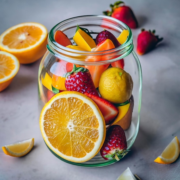 Naranjas, mangos, limones, fresas, uvas en un frasco de vidrio transparente sentado sobre una mesa blanca
