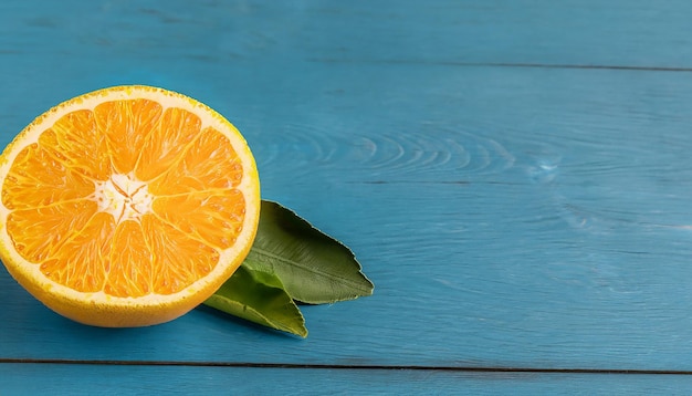 Naranjas orgánicas frescas dividen las frutas en dos sobre un fondo de madera azul con espacio de copia