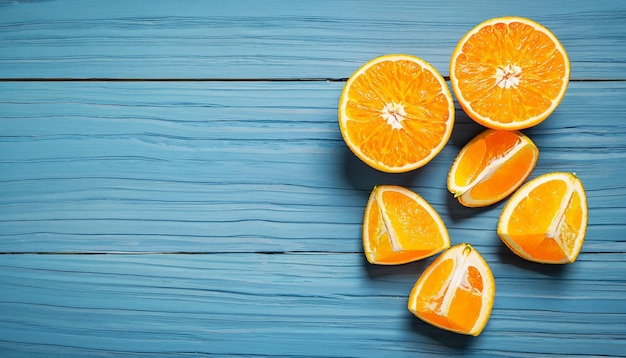 Naranjas orgánicas frescas dividen las frutas en dos sobre un fondo de madera azul con espacio de copia