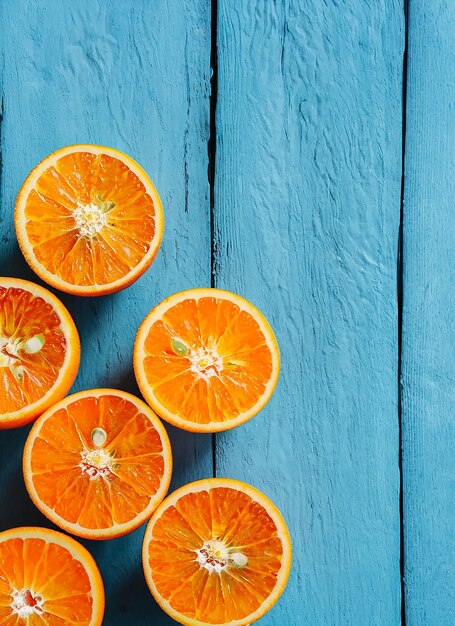 Naranjas orgánicas frescas dividen las frutas en dos sobre un fondo de madera azul con espacio de copia