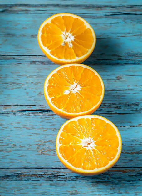 Naranjas orgánicas frescas dividen las frutas en dos sobre un fondo de madera azul con espacio de copia