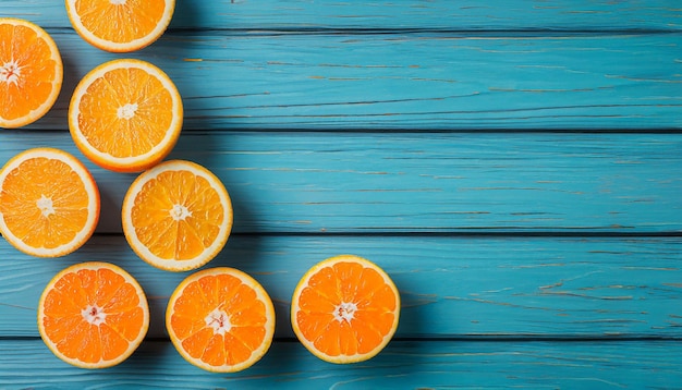 Naranjas orgánicas frescas dividen las frutas en dos sobre un fondo de madera azul con espacio de copia