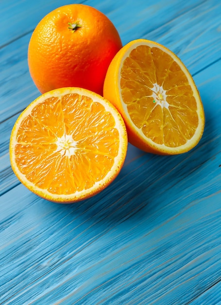 Naranjas orgánicas frescas dividen las frutas en dos sobre un fondo de madera azul con espacio de copia