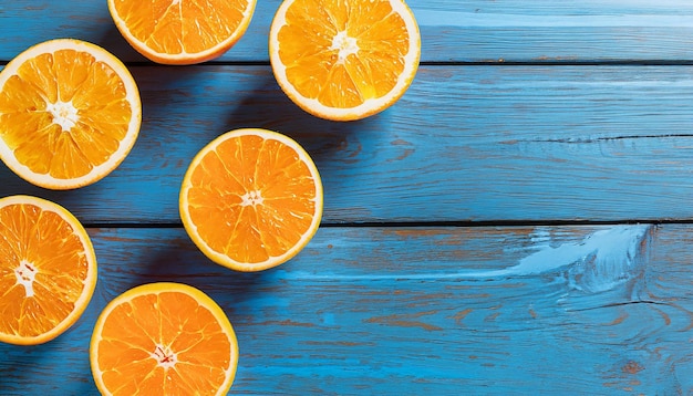 Naranjas orgánicas frescas dividen las frutas en dos sobre un fondo de madera azul con espacio de copia