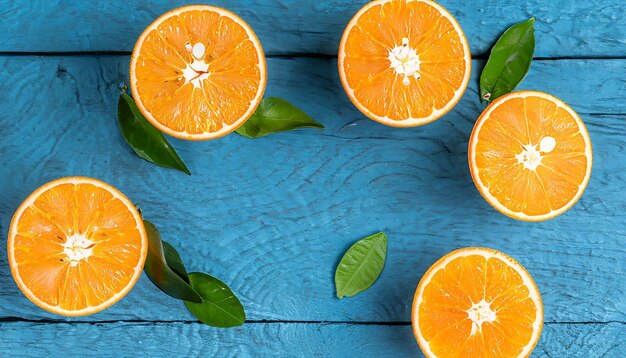 Naranjas orgánicas frescas dividen las frutas en dos sobre un fondo de madera azul con espacio de copia