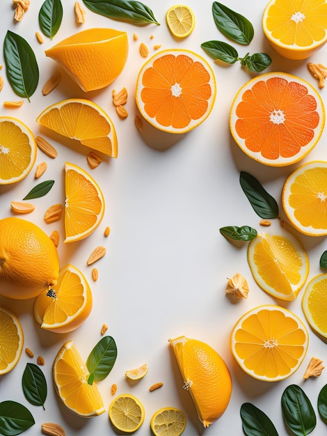 Naranjas y otras frutas sobre un fondo blanco