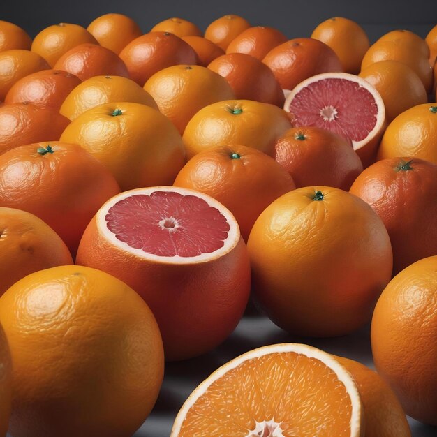 Naranjas y pomelos en fila sobre un fondo gris