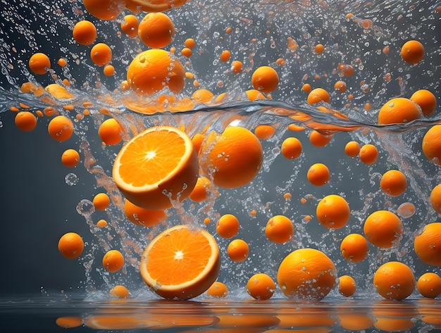 Naranjas y rodajas de naranja cayendo en un chapoteo de agua