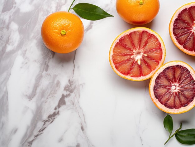 Naranjas de sangre en la mesa frutas de naranja roja cortadas en mitades en colocadas en la mesa de mármol vista superior