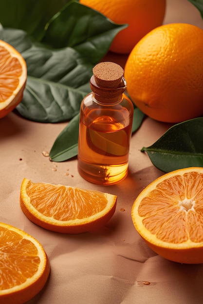 Naranjas sentadas encima de algunas hojas y una botella de aceite.