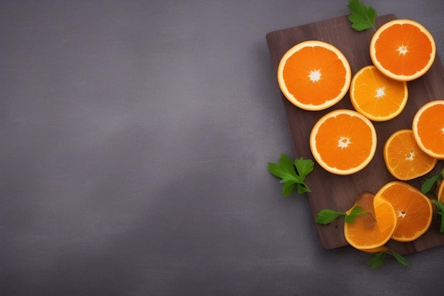 Naranjas en una tabla de cortar con hojas de menta sobre un fondo oscuro