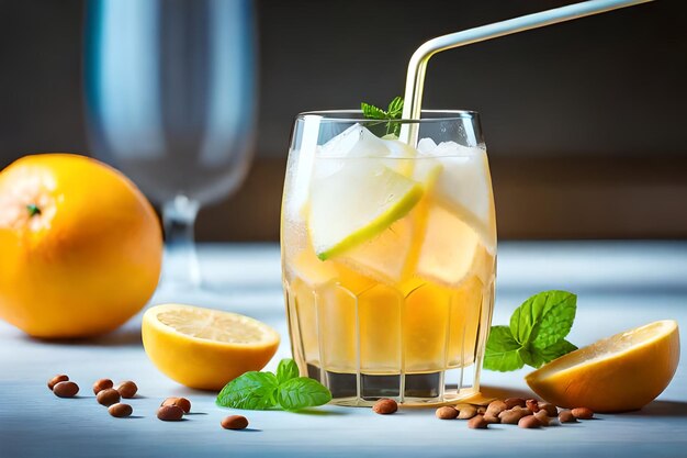 naranjas y un vaso de agua con naranjas y una pajita.