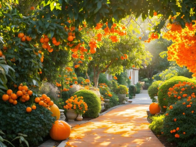 Foto naranjos y flores en un jardín.