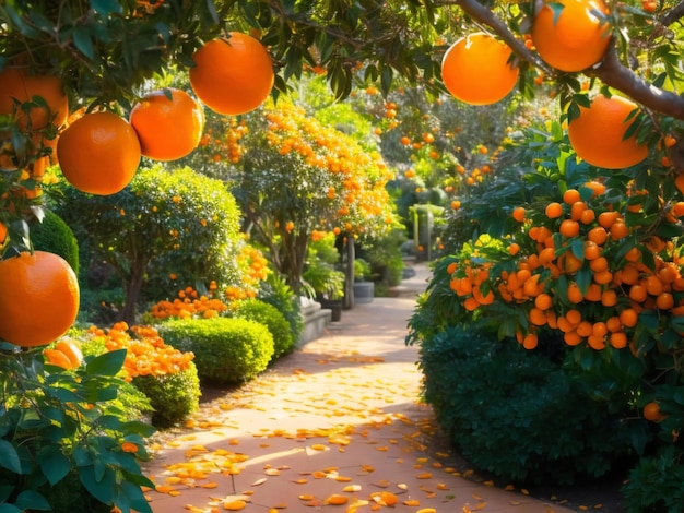 Foto naranjos y flores en un jardín.