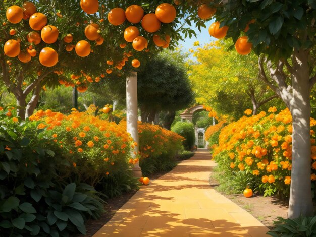 Foto naranjos y flores en un jardín.