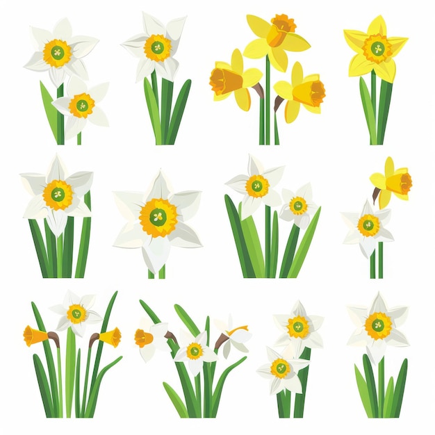 Narciso Flower Icon Set Jardim Narciso Desenho Plano Abstrato Narciso Símbolo Flores Simples Bouquet