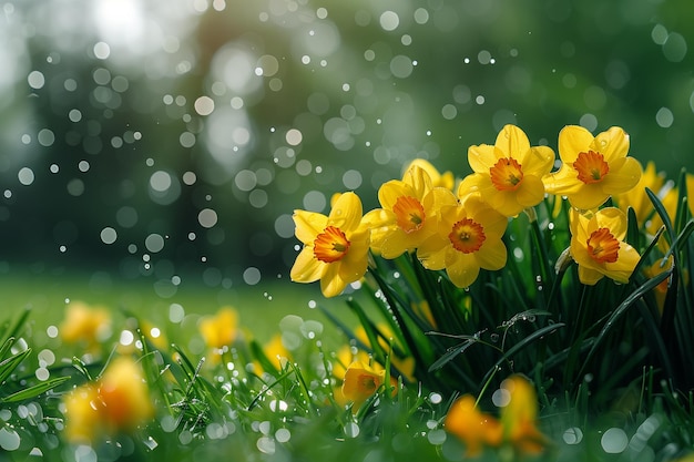 Narcisos amarelos no gramado da primavera depois da chuva