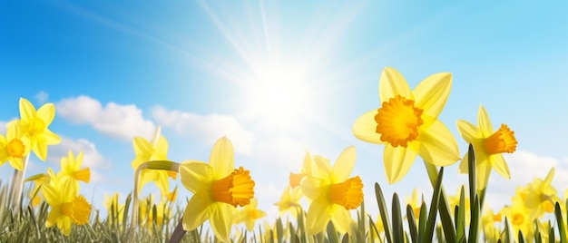 narcisos amarillos con cielo azul y luz solar