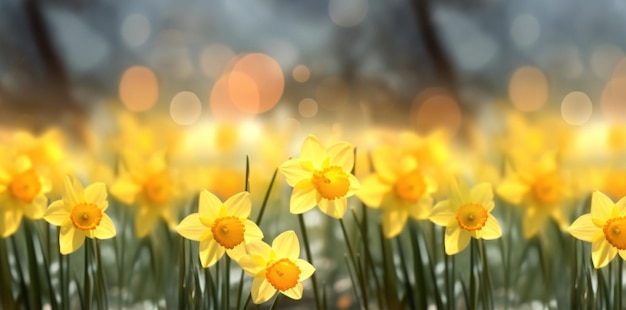 Narcisos amarillos frente a un fondo claro panorama de Bokeh