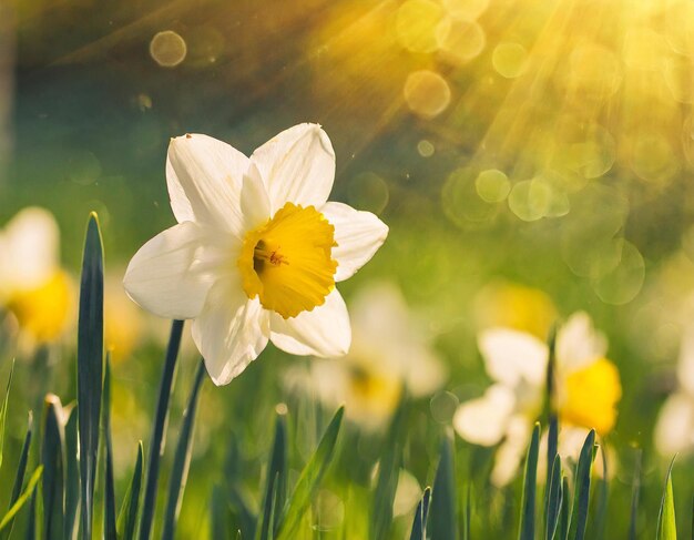 Foto narcisos de bandera en blanco y amarillo en un prado de primavera con luz cálida