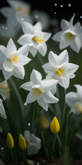 Narcisos blancos con centro amarillo y flores blancas en el fondo