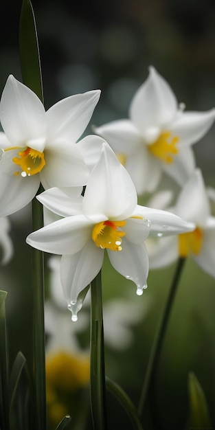 Foto narcisos blancos con un centro amarillo y una gota roja en el medio