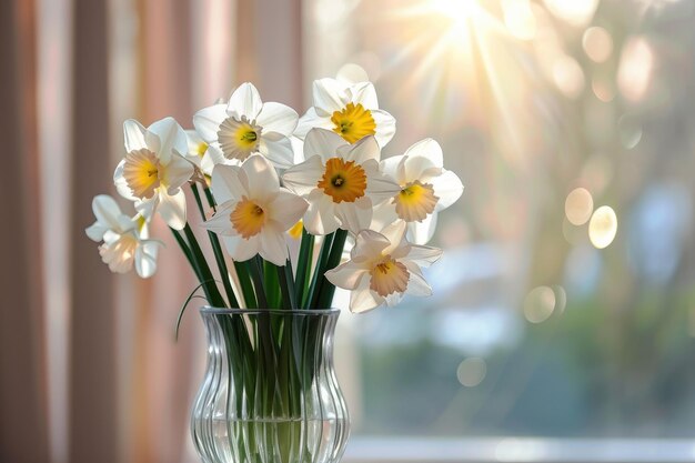 Narcisos blancos en flor en un jarrón decorativo para el hogar