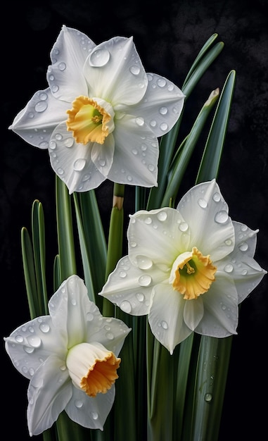 Narcisos blancos Flores Fondo oscuro generado por AI