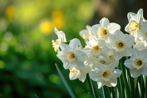 Narcisos brancos em um jardim florido na primavera