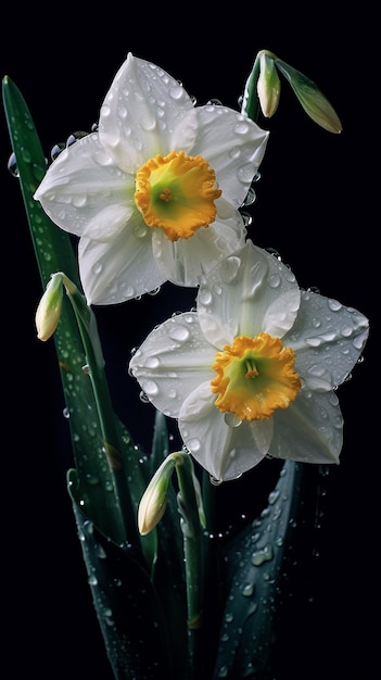 Narcisos brancos florescem fundo escuro gerado por AI