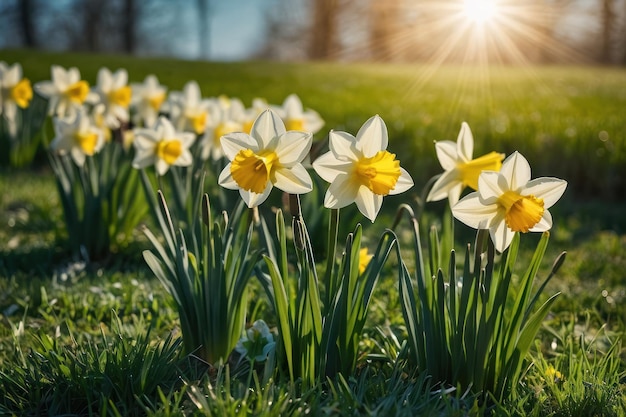 Narcisos brilhantes a florescer sob um céu ensolarado