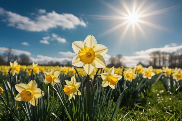 Narcisos brilhantes a florescer sob um céu ensolarado