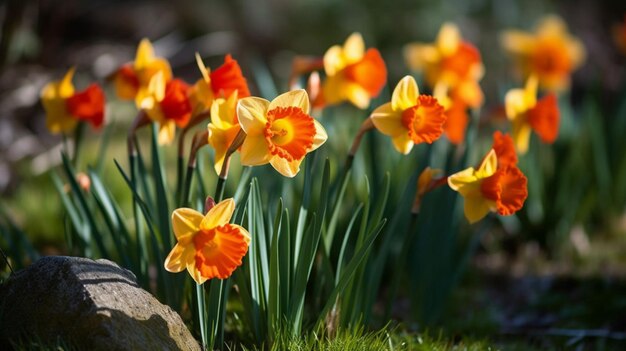 Narcisos em um jardim com um fundo verde musgo