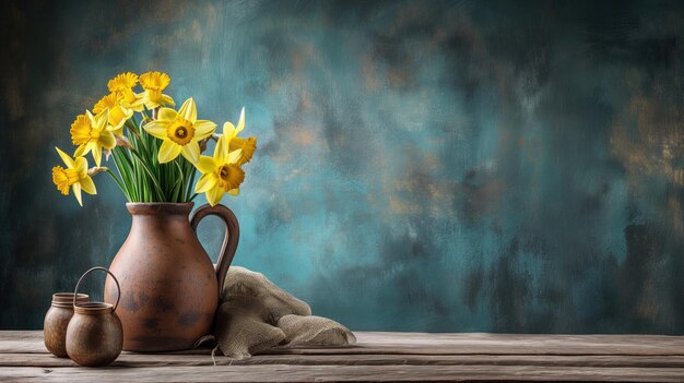 Narcisos em um vaso rústico sobre uma mesa de madeira