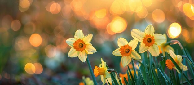 Narcisos y flores silvestres en un pintoresco entorno natural con luces de fondo borrosas