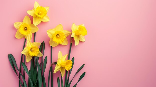 narcisos en un fondo rosa con espacio para el texto