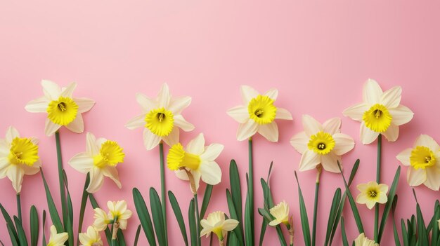 narcisos en un fondo rosa con espacio para el texto