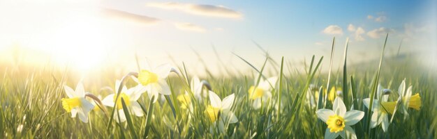 Foto narcisos de pascua huevos hierba en el estilo de paisajes llenos de luz