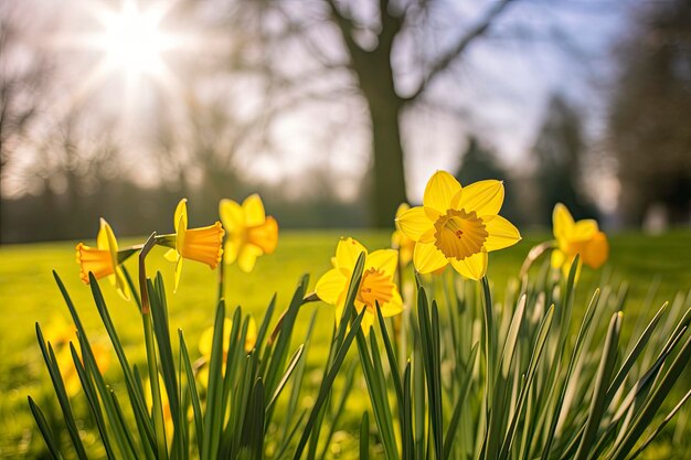 Narcisos en primavera iluminados por el sol