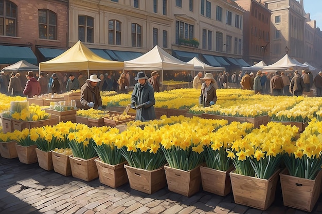 Narcisos recém-colhidos pintando digitalmente a praça do mercado